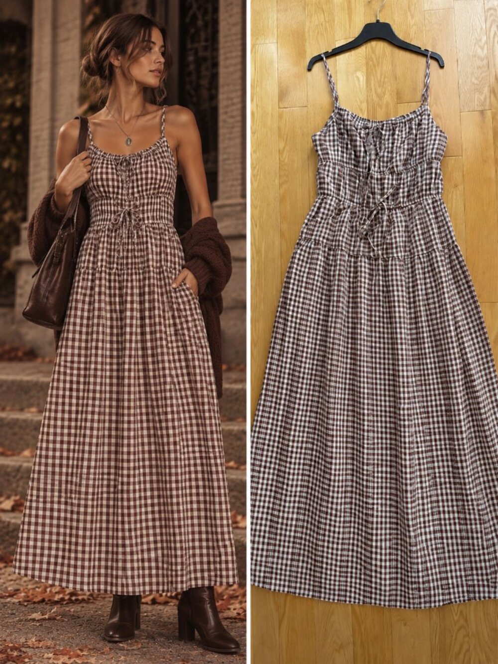 Sim & Sam Brown White Gingham Midi Maxi Dress Smocked Tiered Cottagecore M